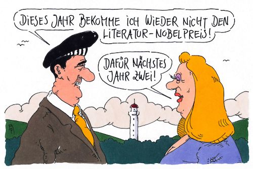 Cartoon: preispause (medium) by Andreas Prüstel tagged nobelpreiskomitee,skandal,literaturnobelpreis,vergabepause,uwe,tellkamp,roman,der,turm,cartoon,karikatur,andreas,pruestel,nobelpreiskomitee,skandal,literaturnobelpreis,vergabepause,uwe,tellkamp,roman,der,turm,cartoon,karikatur,andreas,pruestel