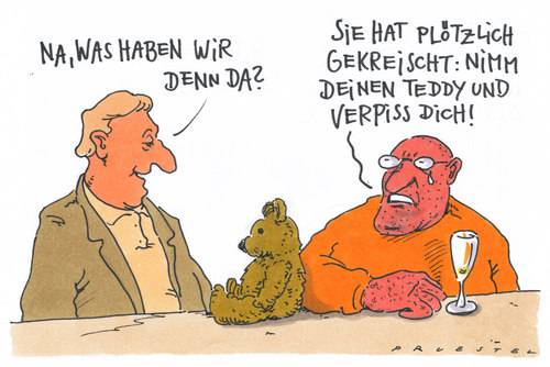 Cartoon: rausschmiss (medium) by Andreas Prüstel tagged beziehungskrise,teddy,kneipe,beziehungskrise,teddy,kneipe,liebe