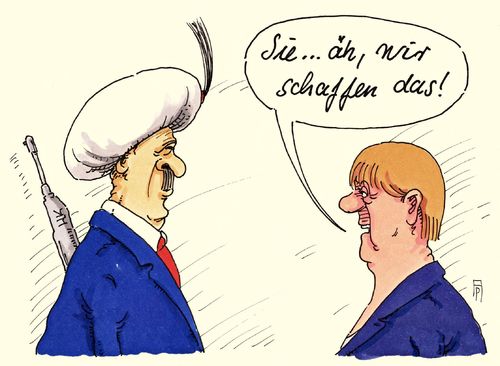 Cartoon: schaffen (medium) by Andreas Prüstel tagged merkel,erdogan,flüchtlingskrise,grenzsicherungen,eu,europa,deutschland,türkei,cartoon,karikatur,merkel,erdogan,flüchtlingskrise,grenzsicherungen,eu,europa,deutschland,türkei,cartoon,karikatur