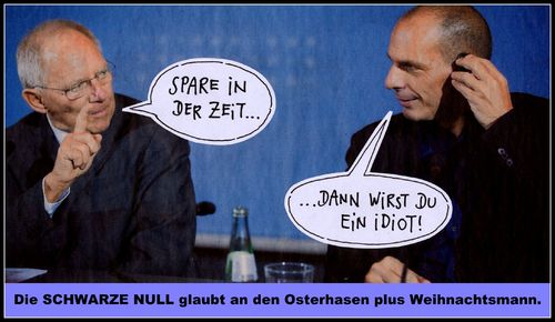 Cartoon: schwarze null (medium) by Andreas Prüstel tagged schäuble,varoufakis,finanzminister,griechenland,deutschland,sparen,spruch,cartoon,collage,andreas,pruestel