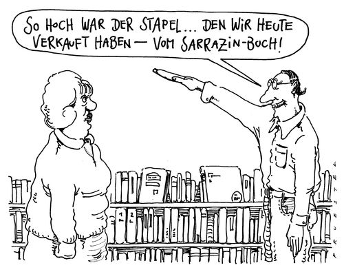 Cartoon: stapel (medium) by Andreas Prüstel tagged sarrazin,bestseller,buchhandlung,thilo sarrazin,bestseller,buchhandlung,bücher,literatur,führer,hitler,rechts,thilo,sarrazin