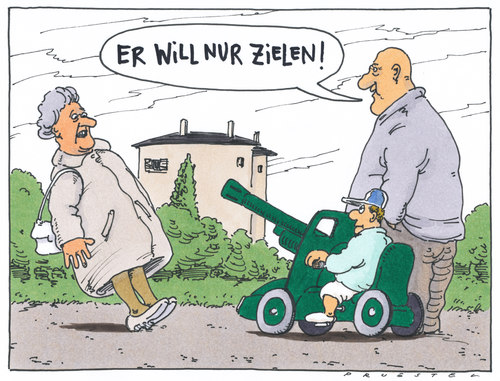 Cartoon: übungsmanöver (medium) by Andreas Prüstel tagged spielzeughaubitze,kriegsspielzeug,vater,sohn,spielzeughaubitze,kriegsspielzeug,vater,sohn,spielzeug,kinder,waffen,erziehung,gewalt