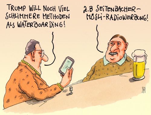 Cartoon: verschärfte befragung (medium) by Andreas Prüstel tagged donald,trump,usa,waterbording,folter,seitenbacher,müsli,radiowerbung,cartoon,karikatur,andreas,pruestel,donald,trump,usa,waterbording,folter,seitenbacher,müsli,radiowerbung,cartoon,karikatur,andreas,pruestel