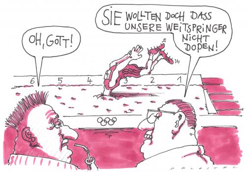 Cartoon: weitsprung (medium) by Andreas Prüstel tagged doping,olympiade,leichtathletik,olympiade,athletik,anabolika,a probe,antidopingkontrolle,beijing,blutprobe,china,dopingtest,dopingskandal,doping,olympische spiele,olympia,weitsprung,leichtathletik,2008,pharmaindustrie,peking,sport,leistung,hochleistungssport,droge,betrug,dopen,sprung,pharma,dopingkontrolle,illegal,olympische,spiele,probe