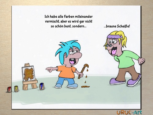 Cartoon: Braune Scheiße (medium) by uruc-art tagged braun,scheiße,grün,blau,rot,kind,lehrer,junge,politik,multikulti,nazis,afd,pinsel,farbe,bunt