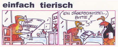 Cartoon: Absolut tierisch! (medium) by Peter Gatsby tagged tierwelt,tierwelt,schnitzel,jägerschnitzel,tiere,hase,restaurant,gastronomie