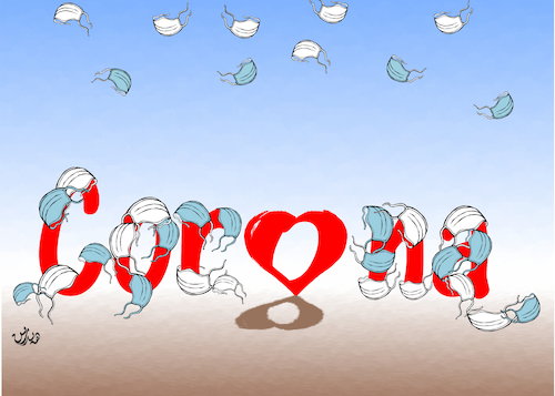 Cartoon: corona virus  saving ourselves (medium) by handren khoshnaw tagged handren,khoshnaw,cartoon,coronavirus,masks,protecting,heart,love