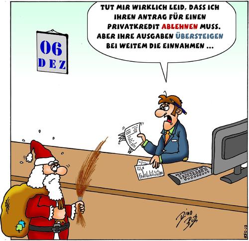 Cartoon: Peinliche Situation (medium) by Dino tagged bilanz,kapital,ausgaben,advent,weihnachten,nikolaus,sparkasse,bank,schufa,kredit,dino