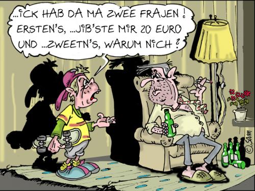 Cartoon: zwee fragen (medium) by sam tagged beziehung,bunt,cartoon,character,frau,mann,home,kinder,man,woman