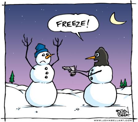 Cartoon: Freeze! (medium) by JohnBellArt tagged snowman,snowmen,freeze,robber,thief,gun,mask