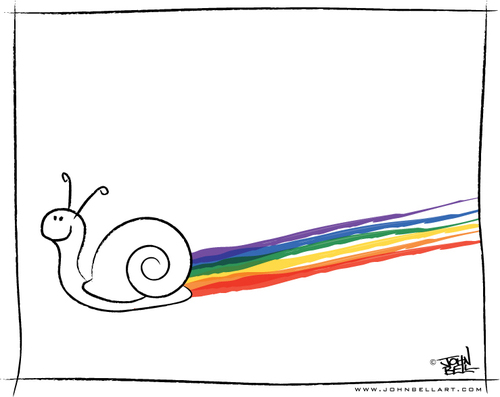 Cartoon: Leave Your Mark in the World (medium) by JohnBellArt tagged snail,trail,rainbow,color,mark,world,leave