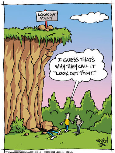 Cartoon: Look Out Point (medium) by JohnBellArt tagged look,out,point,fall,rocks,cliff,death,humor,irony,crush