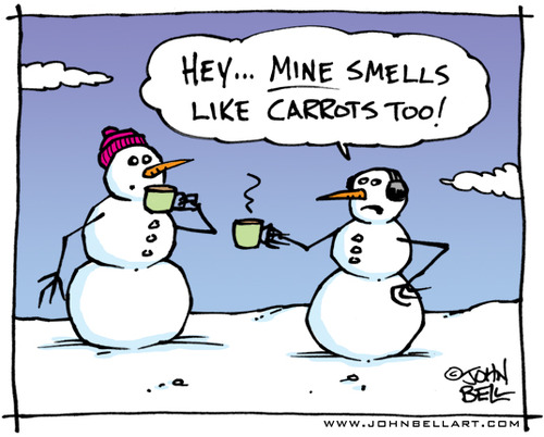 Cartoon: Smells Like Carrots (medium) by JohnBellArt tagged snowman,carrot,coffee,smell,aroma,nose,snowmen,sniff,humor,surprise