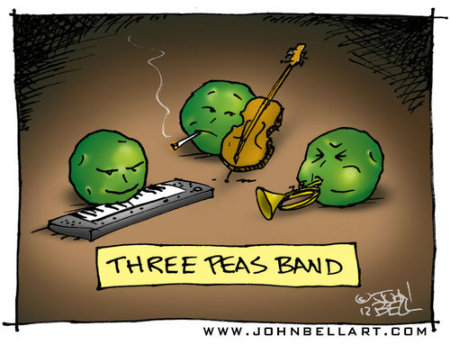 Cartoon: Three Peas Band (medium) by JohnBellArt tagged three,peas,band,trumpet,keyboard,bass,music,moody