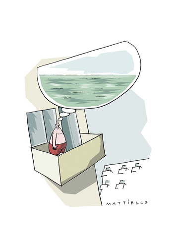 Cartoon: Balkontraum (medium) by Mattiello tagged sommer,sommer,wetter,jahreszeit,urlaub,traum,träumen,meer,stadt,sonne