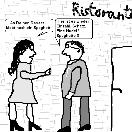 Cartoon: Italienisch für Anfänger (medium) by Edzard von Keitz tagged italienisch,mann,frau,restaurant,grafitto,grafitti,espresso,espressi,spagetto,spagetti,ficki,ficko,einzahl,mehrzahl