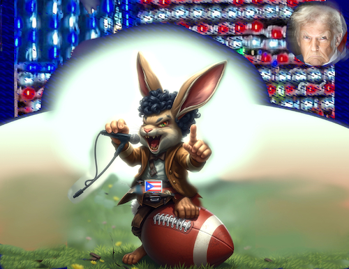 Cartoon: bad show (medium) by ab tagged usa,superbowl,bad,bunny,puerto,rico,halftimeshow,nfl,trump,football,america