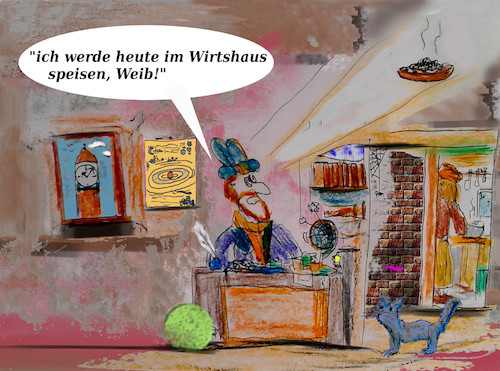 Cartoon: bei nostradamus s zuhause (medium) by ab tagged nostradamus,seher,wohnung,frau,küche,essen
