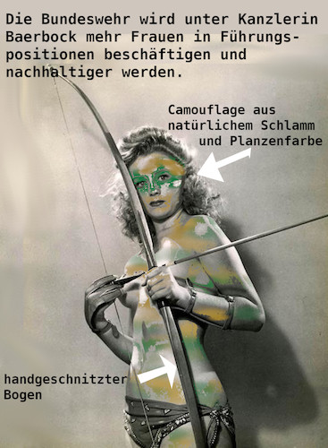 Cartoon: deutsche aufrüstung (medium) by ab tagged deutschland,wahlen,kanzlerin,grüne,bundeswehr,frauen,waffen,ökologisch
