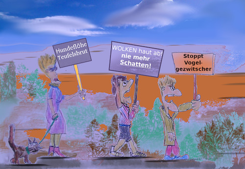 Cartoon: doofiedemo (medium) by ab tagged mücken,demonstrieren,ammersee,anwohner,gelangweilt,dekadent,nichts,tuend
