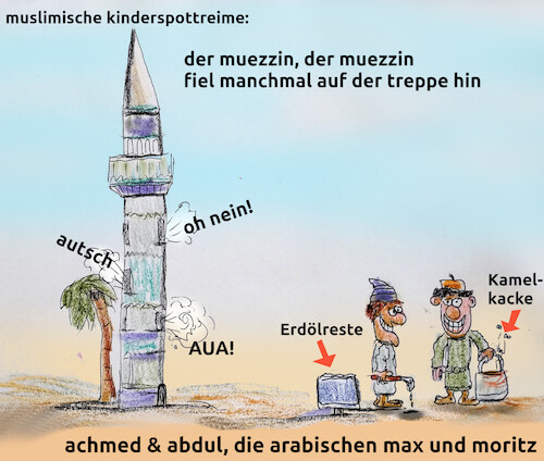 Cartoon: freitag in abu dhabi (medium) by ab tagged treppe,minarett,gebet,streich