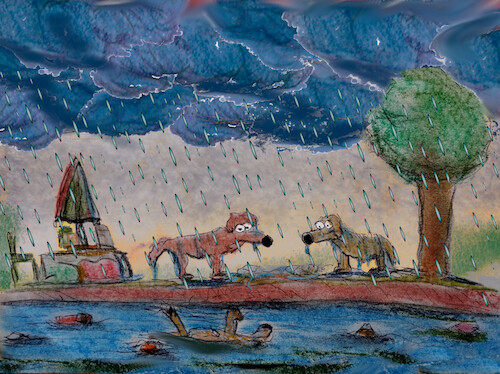 Cartoon: hundstage (medium) by ab tagged wetter,klima,regen,wasser,flut,fluss,sommer,nass,hunde