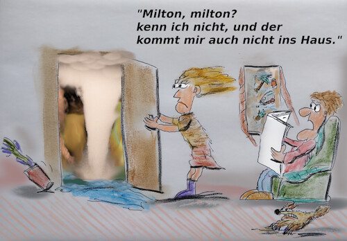 Cartoon: klar und deutlich (medium) by ab tagged us,florida,hurrikan,sturm,milton,tropen,wasser,gefahr,klima,haus,mensch