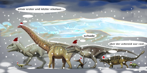 Cartoon: kreidezeit ende (medium) by ab tagged nikolaus,dinosaurier,warm,winter,weihnachten,kälte,eiszeit,vulkan,asteroid,klima