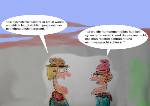 Cartoon: kultureller unterschied (medium) by ab tagged deutschland,berlin,sylvester,nacht,raketen,böller,angriff,ausländer,migration,männer,polizei,feuerwehr,politik