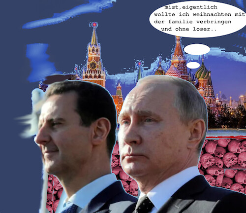 Cartoon: last christmas ? (medium) by ab tagged russland,putin,syrien,assad,flucht,geld,tod,diktatur