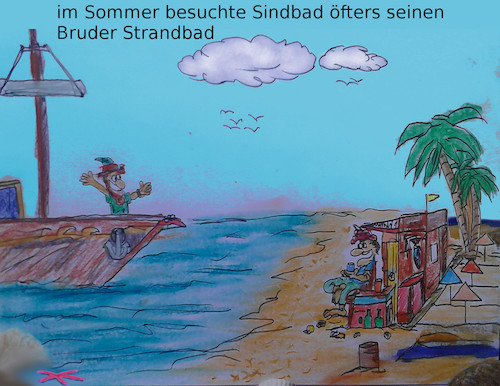 Cartoon: Märchenwissen (medium) by ab tagged märchen,sagen,mythen,sommer,sand,strand