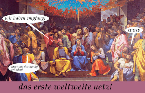 Cartoon: pfingstwunder (medium) by ab tagged pfingsten,kirche,wunder,geist,spirit,technik,energie,empfang,mensch,gott