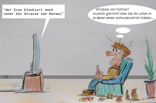 Cartoon: welt der wunder (medium) by ab tagged krieg,iran,vae,arabien,kuweit,meer,bahrein,öl,usa,tanker,schiffe,geld,schwule,sprache,trinken,alkohol