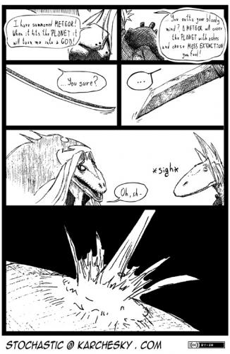 Cartoon: Reunion (medium) by karchesky tagged final,fantasy,vii,meteor,sephiroth,cloud,dinosaur,raptor,mass,extinction