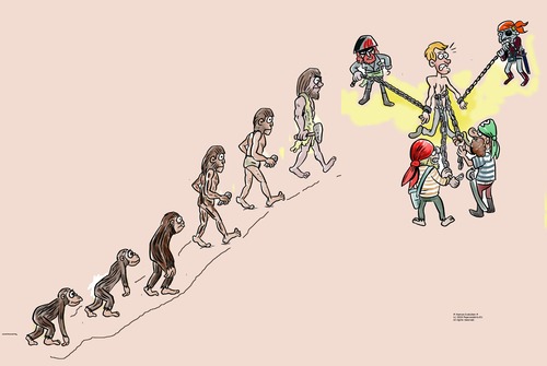 Cartoon: Human Evolution (medium) by paparazziarts tagged property,intellectual,enslavement,extortion,man,modern,evolution,human
