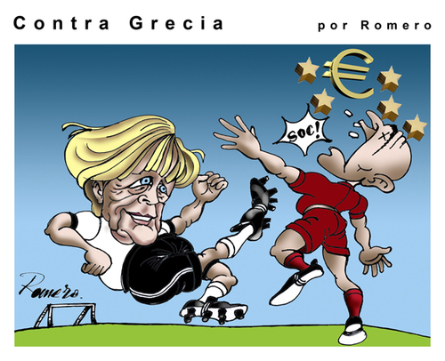 Cartoon: Alemania contra Grecia (medium) by Romero tagged faul,rivalidad,correr,balon,balompie,dibujo,arte,humor,grecia,alemania,caricatura,deportes,futbol