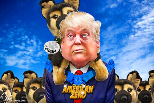 Cartoon: American zero (medium) by Bart van Leeuwen tagged conan,military,dog,medal,of,honour,al,baghdadi,dead,isis,leader,trump,photoshop,syria