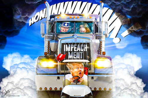 Cartoon: Tailgating Trump (medium) by Bart van Leeuwen tagged impeachment,pussy,trump,balloon,impeach,ukraine,pelosi,whistleblower,truck,tailgating
