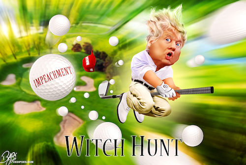 Cartoon: Witch hunt (medium) by Bart van Leeuwen tagged witch,hunt,impeachment,inguiry,trump,golf,rally,presidential,election,2020