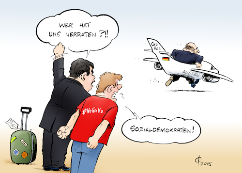 Cartoon: Abflug (medium) by Paolo Calleri tagged deutschland,regierung,groko,grose,koalition,spd,sozialdemokraten,aussenministerium,aussenminister,sigmar,gabriel,martin,schulz,minister,ministerposten,posten,versprechen,wahlkampf,nogroko,jusos,kritiker,gegner,karikatur,cartoon,paolo,calleri,deutschland,regierung,groko,grose,koalition,spd,sozialdemokraten,aussenministerium,aussenminister,sigmar,gabriel,martin,schulz,minister,ministerposten,posten,versprechen,wahlkampf,nogroko,jusos,kritiker,gegner,karikatur,cartoon,paolo,calleri