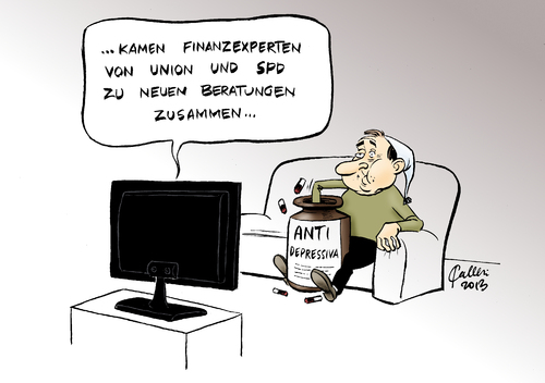 Cartoon: Antidepressiva (medium) by Paolo Calleri tagged deutschland,bundestagswahl,2013,koalitionsverhandlungen,cdu,csu,spd,finanzen,finanzexperten,grosse,runde,koalition,groko,finanzpolitik,ausgaben,finanzierung,haushaltspolitik,schuldenbremse,steuern,karikatur,paolo,calleri,deutschland,bundestagswahl,2013,koalitionsverhandlungen,cdu,csu,spd,finanzen,finanzexperten,grosse,runde,koalition,groko,finanzpolitik,ausgaben,finanzierung,haushaltspolitik,schuldenbremse,steuern,karikatur,paolo,calleri