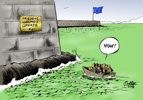 Cartoon: Attraktion (medium) by Paolo Calleri tagged amnesty,international,jahresbericht,2013,eu,europäische,union,asylpolitik,flüchtlinge,friedensnobelpreisträger,friedensnobelpreis,krieg,gewalt,menschenrechtler,menschenrecht,grenzkontrollen,mittelmeer,bootsflüchtlinge,verantwortung,festung,europa,abschieb,amnesty,international,jahresbericht,2013,eu,europäische,union,asylpolitik,flüchtlinge,friedensnobelpreisträger,friedensnobelpreis,krieg,gewalt,menschenrechtler,menschenrecht,grenzkontrollen,mittelmeer,bootsflüchtlinge,verantwortung,festung,europa,abschieb