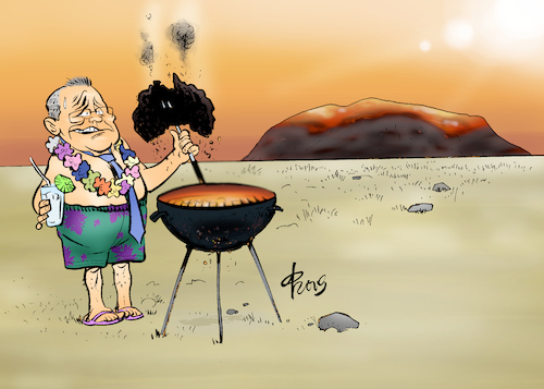 Cartoon: Australien brennt (medium) by Paolo Calleri tagged australien,klima,klimapolitik,sommer,braende,busch,buschbraende,klimawandel,trockenheit,duerre,premier,premierminister,scott,morrison,urlaub,familienurlaub,hawaii,kritik,entschuldigung,feuer,feuerwehr,karikatur,cartoon,paolo,calleri,australien,klima,klimapolitik,fruehling,braende,busch,buschbraende,klimawandel,trockenheit,duerre,premier,premierminister,scott,morrison,urlaub,familienurlaub,hawaii,kritik,entschuldigung,feuer,feuerwehr,karikatur,cartoon,paolo,calleri