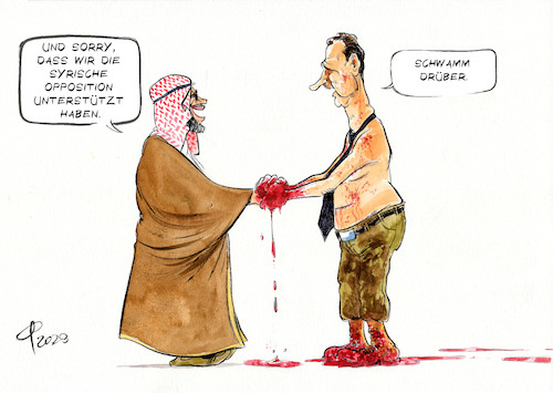 Cartoon: Comeback (medium) by Paolo Calleri tagged arabische,liga,syrien,saudi,arabien,emirate,gipfel,dschidda,baschar,al,assad,krieg,opposition,unterstuetzung,opfer,politik,karikatur,cartoon,paolo,calleri,arabische,liga,syrien,saudi,arabien,emirate,gipfel,dschidda,baschar,al,assad,krieg,opposition,unterstuetzung,opfer,politik,karikatur,cartoon,paolo,calleri