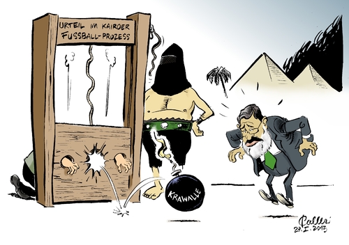 Cartoon: Fußball-Krawalle in Ägypten (medium) by Paolo Calleri tagged karikatur,massaker,protestmaersche,muslimbrueder,muslimbruderschaft,fans,urteilsspruch,urteil,gerichtsentscheidung,gewalt,ausschreitungen,said,port,tote,vereine,stadion,fussball,krawalle,justiz,gericht,todesurteile,mursi,mohammed,praesident,kairo,aegypten,aegypten,kairo,praesident,mohammed,mursi,todesurteile,gericht,justiz,krawalle,fussball,stadion,vereine,tote,port,said,ausschreitungen,gewalt,gerichtsentscheidung,urteil,urteilsspruch,fans,muslimbruderschaft,muslimbrueder,protestmaersche,massaker,karikatur