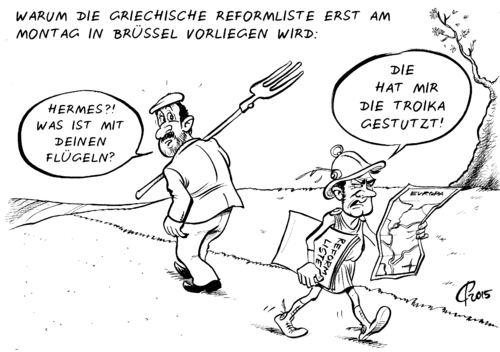 Cartoon: Götterbote (medium) by Paolo Calleri tagged euro,griechenland,eurozone,waehrung,reformen,reformliste,schuldenkrise,grexit,graccident,finanzen,wirtschaft,arbeit,soziales,austeritaet,sparpolitik,syriza,alexis,tsipras,mythologie,goetterbote,hermes,merkur,fluegel,karikatur,cartoon,paolo,calleri