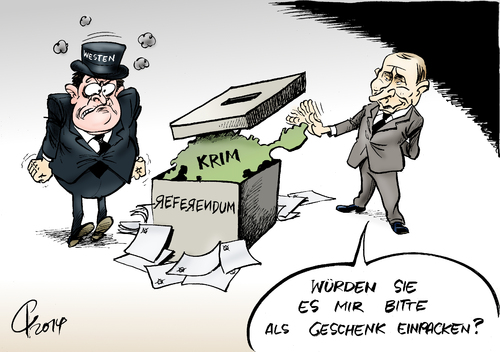 Cartoon: Krim-Referendum (medium) by Paolo Calleri tagged ukraine,krise,halbinsel,schwarzmeer,krim,westen,russland,eu,deutschland,usa,referendum,abstimmung,präsident,wladimir,putin,beitritt,truppen,stationierung,sanktionen,kalter,krieg,karikatur,cartoon,paolo,calleri,ukraine,usa,deutschland,eu,russland,westen,krim,schwarzmeer,halbinsel,krise,referendum,abstimmung,präsident,wladimir,putin,beitritt,truppen,stationierung,sanktionen,kalter,krieg,karikatur,cartoon,paolo,calleri