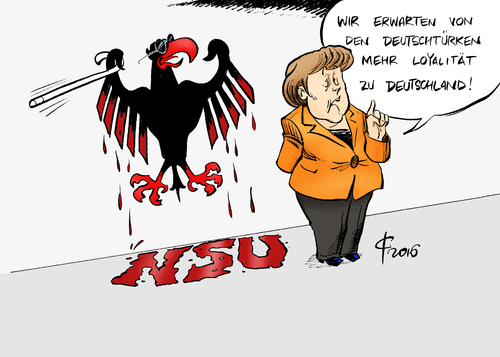 Cartoon: Loyalität (medium) by Paolo Calleri tagged deutschland,integration,bundeskanzlerin,angela,merkel,deutschtuerken,tuerkischstaemmig,deutsche,tuerkei,erdogan,loyalitaet,einfordern,nsu,staat,versagen,immigration,karikatur,cartoon,paolo,calleri,deutschland,integration,bundeskanzlerin,angela,merkel,deutschtuerken,tuerkischstaemmig,deutsche,tuerkei,erdogan,loyalitaet,einfordern,nsu,staat,versagen,immigration,karikatur,cartoon,paolo,calleri