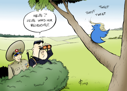 Cartoon: Politvogelkundler (medium) by Paolo Calleri tagged nordkorea,usa,konflikt,atomraketen,kim,jon,un,praesident,donald,trump,drohungen,provokationen,angriffsplaene,insel,guam,pazifik,raketen,angriff,twitter,karikatur,cartoon,paolo,calleri,nordkorea,usa,konflikt,atomraketen,kim,jon,un,praesident,donald,trump,drohungen,provokationen,angriffsplaene,insel,guam,pazifik,raketen,angriff,twitter,karikatur,cartoon,paolo,calleri