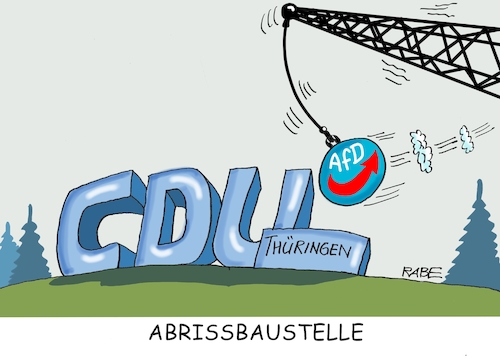 Cartoon: Abrissbirne AfD (medium) by RABE tagged landtagswahlen,wahlergebnisse,sachsen,brandenburg,groko,spd,cdu,rabe,ralf,böhme,cartoon,karikatur,pressezeichnung,farbcartoon,tagescartoon,arzt,doktor,csu,afd,verluste,rechte,populismus,thüringen,erfurt,bodo,ramelow,linke,mike,mohring,höcke,heym,parteivize,meiningen,schmalkalden,baustelle,abrissbirne,abrissbaustelle,landtagswahlen,wahlergebnisse,sachsen,brandenburg,groko,spd,cdu,rabe,ralf,böhme,cartoon,karikatur,pressezeichnung,farbcartoon,tagescartoon,arzt,doktor,csu,afd,verluste,rechte,populismus,thüringen,erfurt,bodo,ramelow,linke,mike,mohring,höcke,heym,parteivize,meiningen,schmalkalden,baustelle,abrissbirne,abrissbaustelle